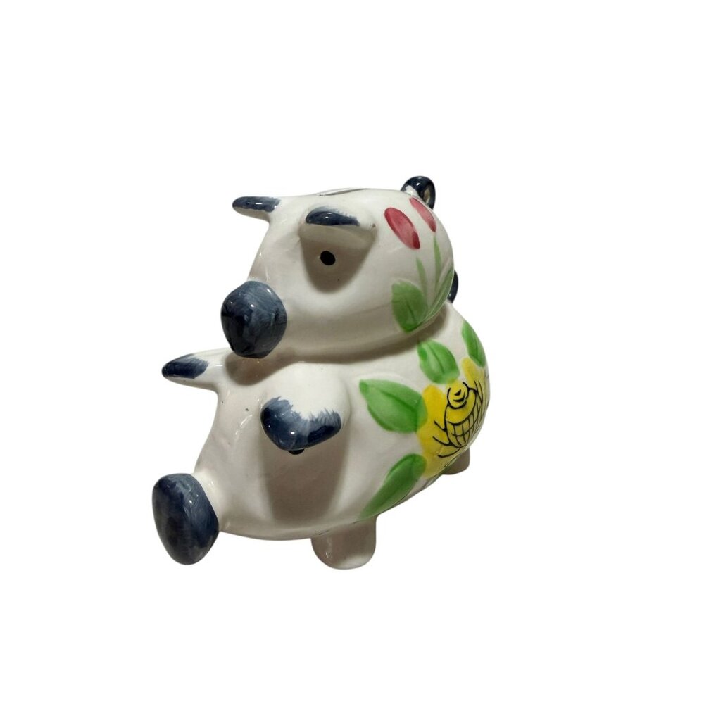 Ceramic White Piggy Bank Floral Coin Slot Stopper Decorative Japan